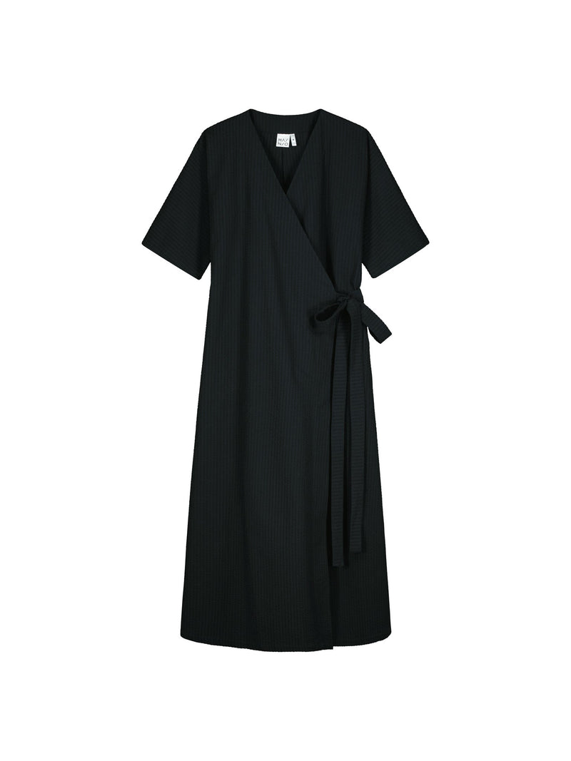 Ava Wrap Dress in Textured Seersucker, Black
