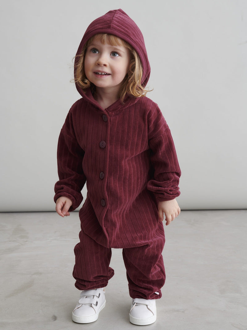 Velour Hooded Jumpsuit, Burgundy